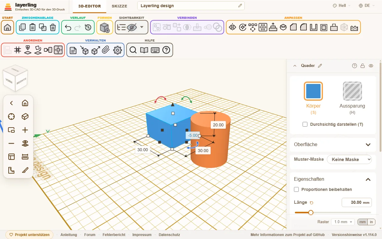 Die Einstellungen eines Zylinders: Körper oder Aussparung, Durchmesser und Höhe als Zahl und als Schieber.