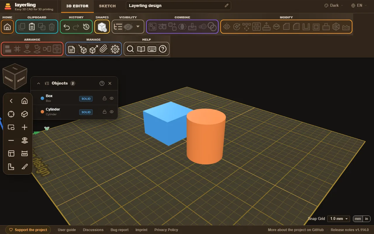 The editor in the dark colour scheme. You set the colour scheme at the top right: System, Light, Dark or Graphite.