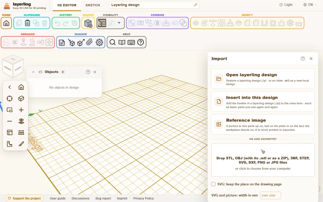 The import window: open or insert designs and drop geometry.