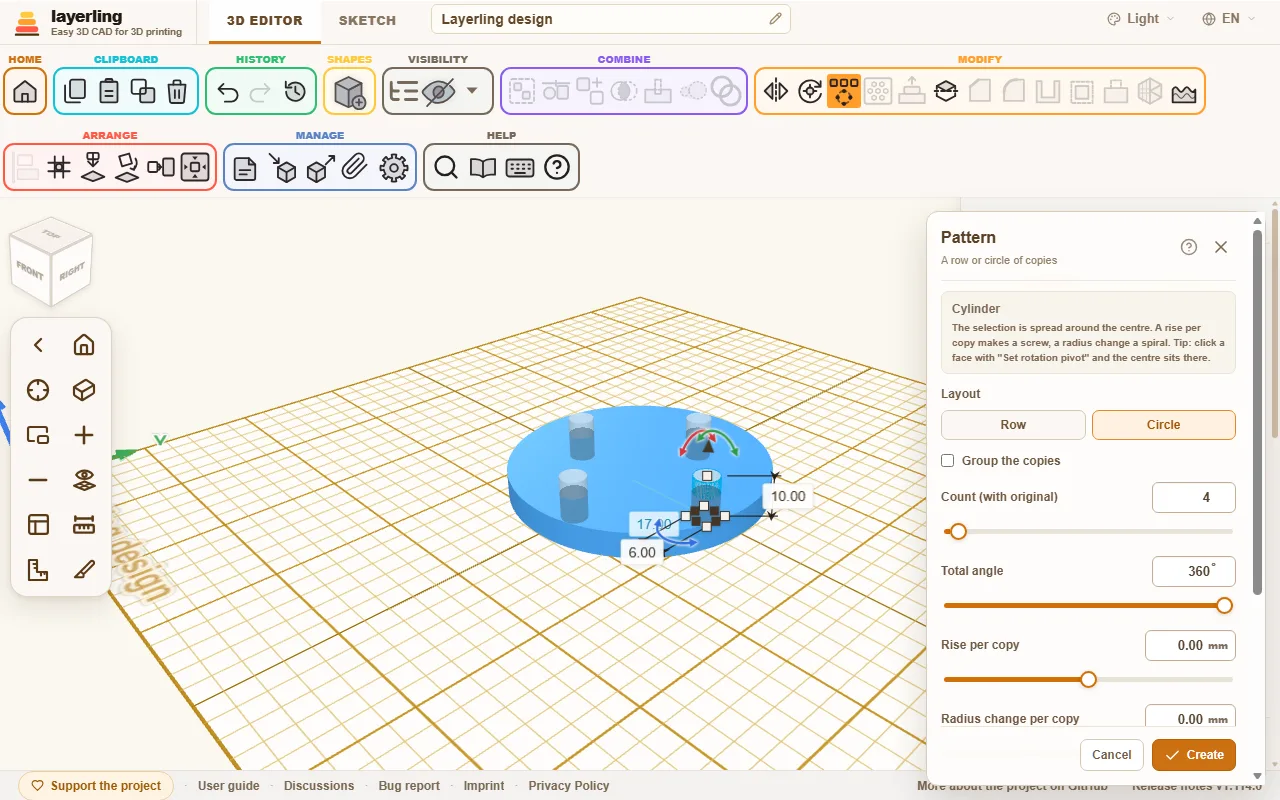 The pattern in "Circle" mode: the copies first appear as a preview.