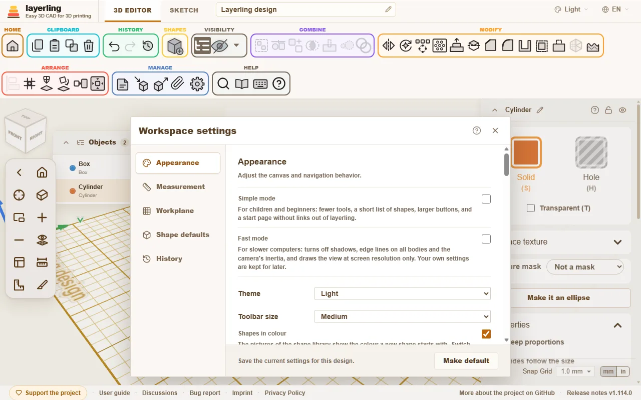 The settings under Appearance: background and workplane colours for the light theme, and the switch for edge lines on all bodies.