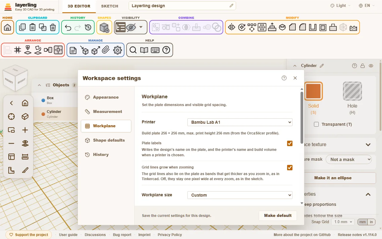 The workplane settings with a printer chosen. Print bed and maximum print height come from the slicer profile.