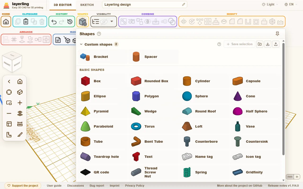 The shape library. Every little picture is rendered from the shape's real geometry.