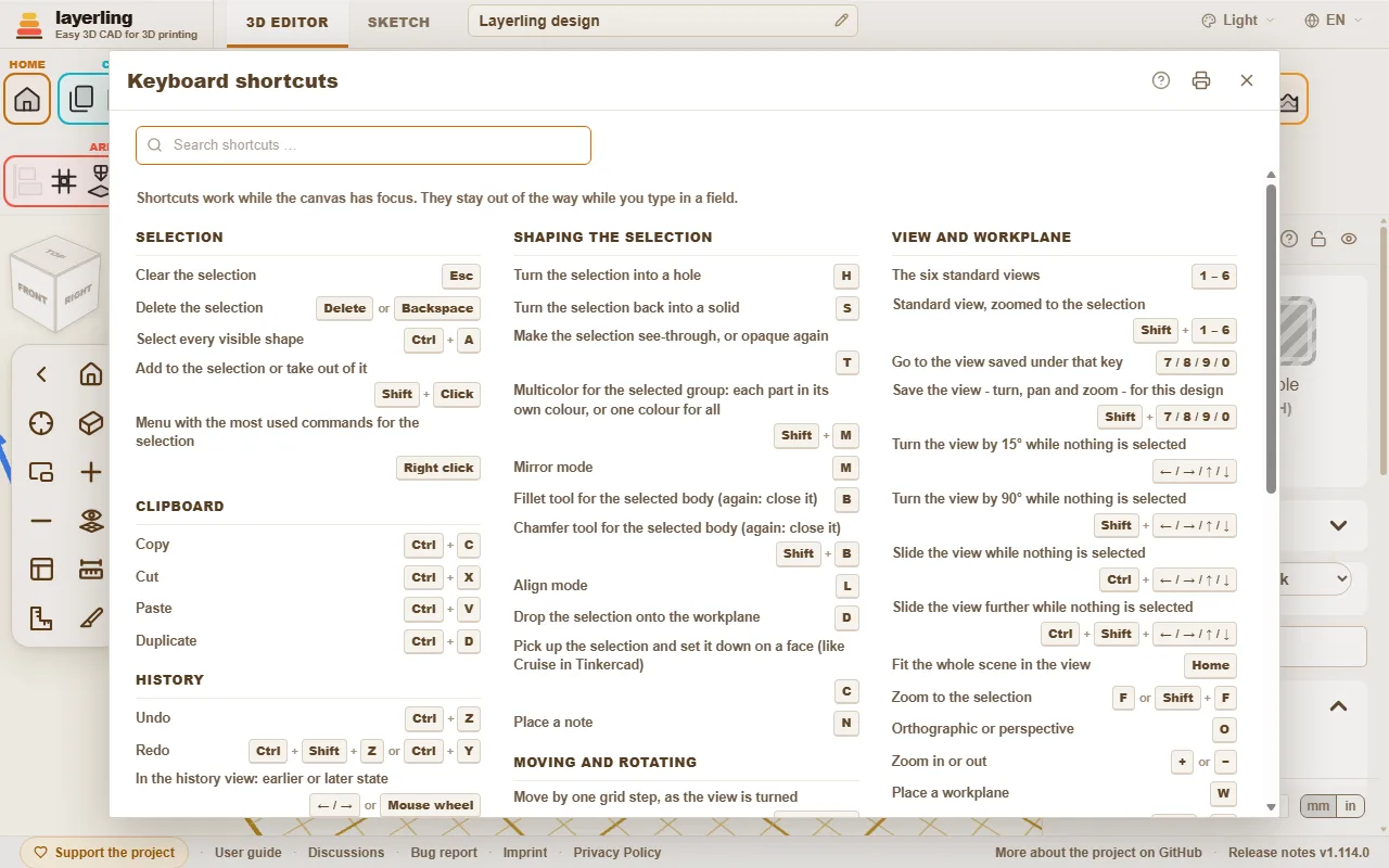 The keyboard shortcuts window in the editor.
