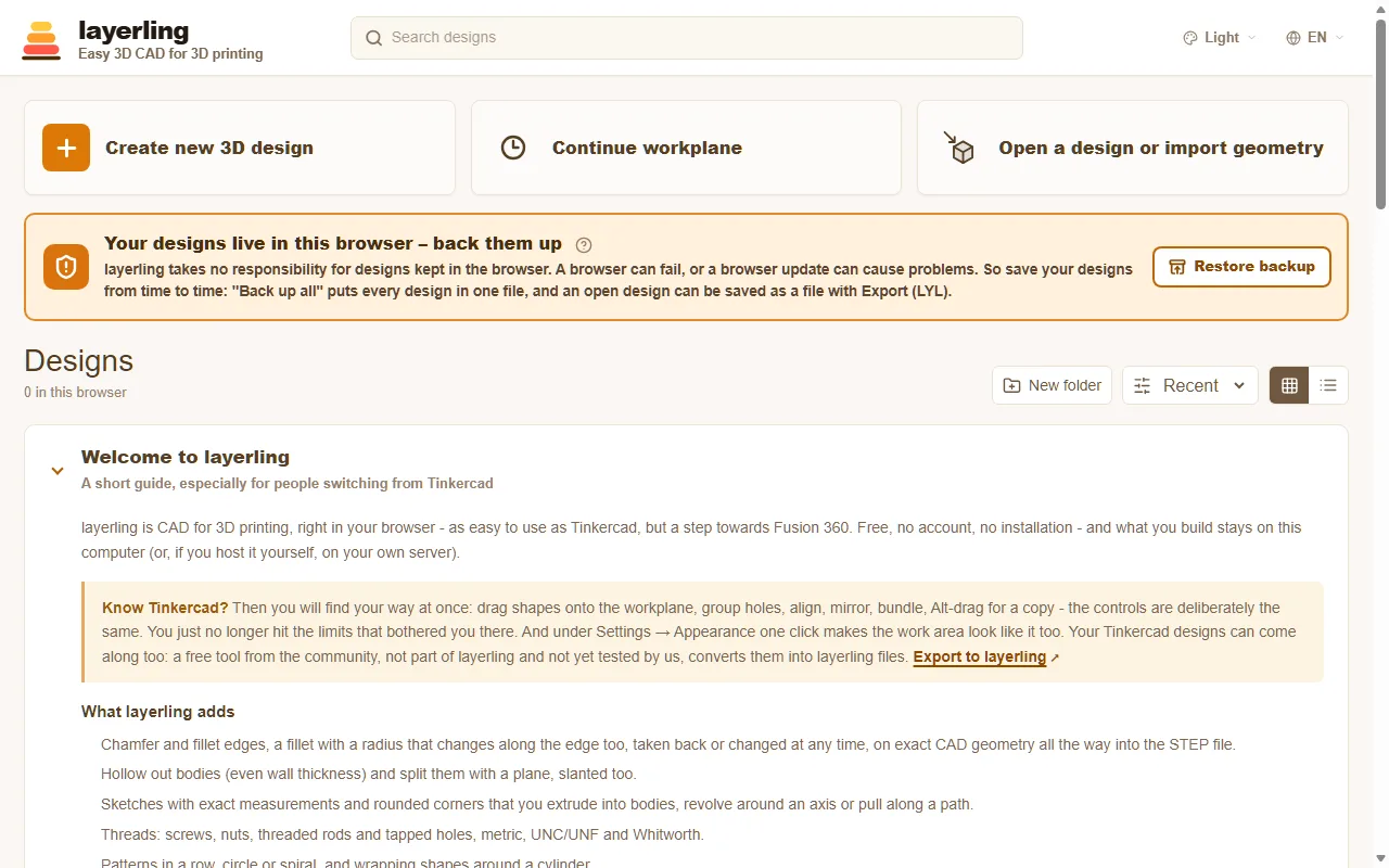 The start page of layerling: "Create new 3D design" at the top, your designs and the quick guide below.